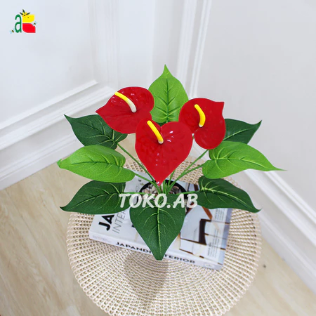 ANTHURIUM MERAH BK3 B8174 BUNGA PLASTIK DAUN HIAS IMITASI TANAMAN DAUN PLASTIK MURAH AGLONEMA