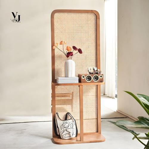 Rak dinding solid wood kayu jati modern minimalis varian kombinasi rotan alami