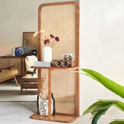 Rak dinding solid wood kayu jati modern minimalis varian kombinasi rotan alami
