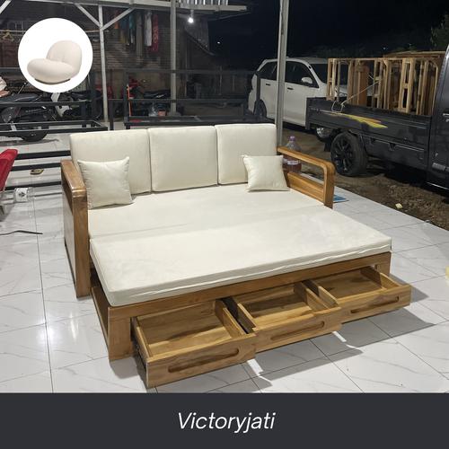 Sofa bed/day bed /sofa lipat kayu jati 3 2 seater varian 3pcs laci modern minimalis