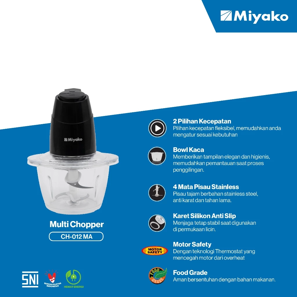 Miyako Chopper CH-012 MA - Kapasitas 1.2 Liter 300 Watt Bowl Kaca CH012MA