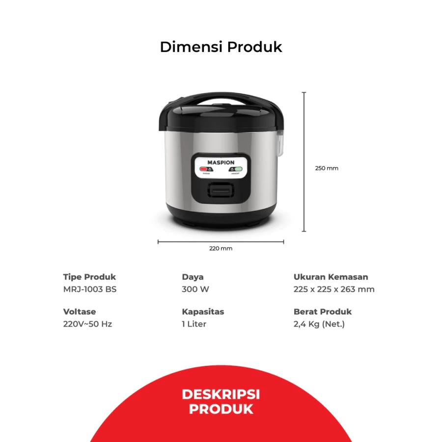 Maspion MRJ1003TSS - Magic Cooker 1L 3in1 300W Stainless-Penanak Nasi-Penghangat Nasi-Original-New Arrival-Garansi Resmi-Rice Cooker-Pemasak Nasi