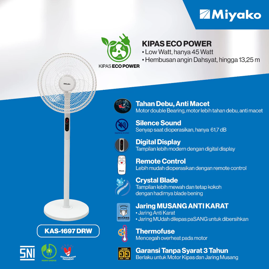 Miyako Kipas Angin Berdiri KAS-1697 DRW - Stand Fan 16 inch Smart Touch 40 Watt KAS1697DR White