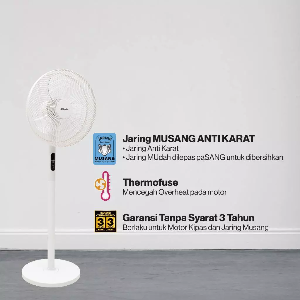 Miyako Kipas Angin Berdiri KAS-1697 DRW - Stand Fan 16 inch Smart Touch 40 Watt KAS1697DR White