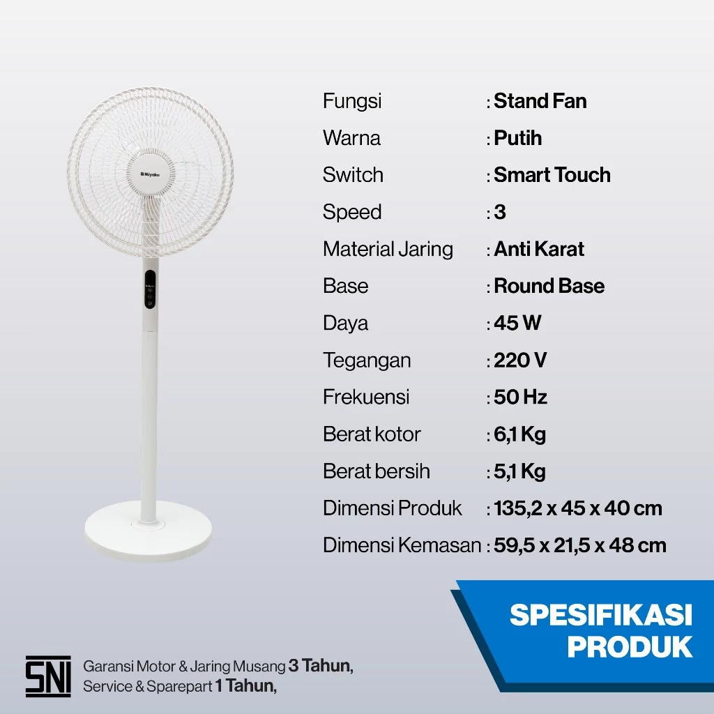 Miyako Kipas Angin Berdiri KAS-1697 DRW - Stand Fan 16 inch Smart Touch 40 Watt KAS1697DR White