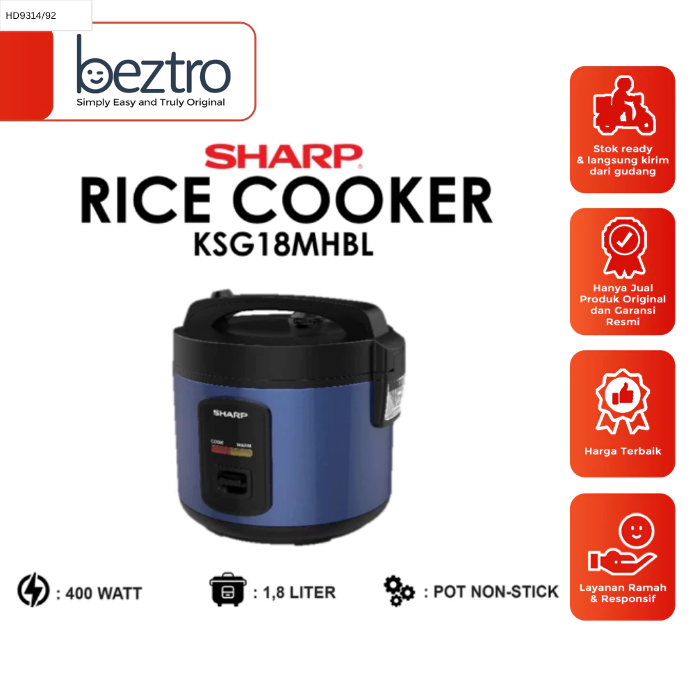 Sharp KSG18MHBL KSG-18-MHBL Rice Cooker 1.8 Liter 400 Watt Blue Black Penanak Nasi Anti Lengket Biru