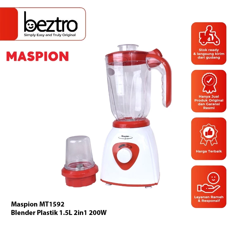 MASPION MT1592 MT-1592 - Blender Plastik Plastic 1,5 liter 2in1 200 watt putih merah