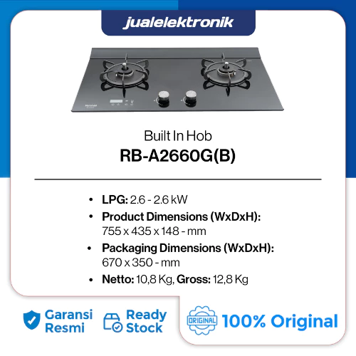 Rinnai RB-A2660G(B) - Kompor Tanam Gas 2 Tungku RBA2660GB