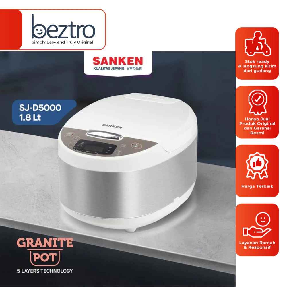 Sanken Super Com Digital SJ-D5000 / SJD5000 Rice Cooker 1.8 Liter Putih 5 Layers - Garansi Resmi