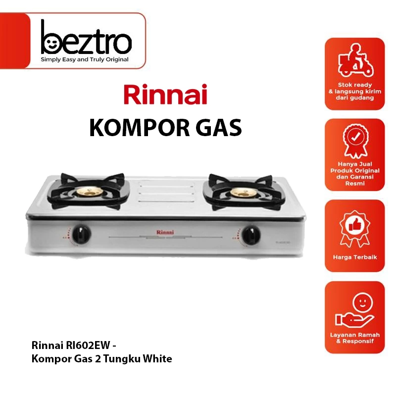 Rinnai RI-602-EW Kompor Gas 2 Tungku White Stainless - RI602EW Model Premium Design