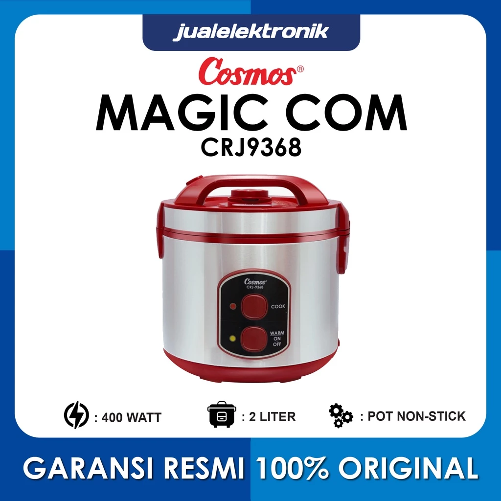Cosmos CRJ9368 – Magic Com 2 Liter Stainless Steel with Button On/Off-Penanak Nasi-Penghangat Nasi-Original-New Arrival-Garansi Resmi-Rice Cooker-Pemasak Nasi