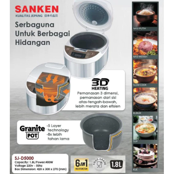 Sanken Super Com Digital SJ-D5000 / SJD5000 Rice Cooker 1.8 Liter Putih 5 Layers - Garansi Resmi