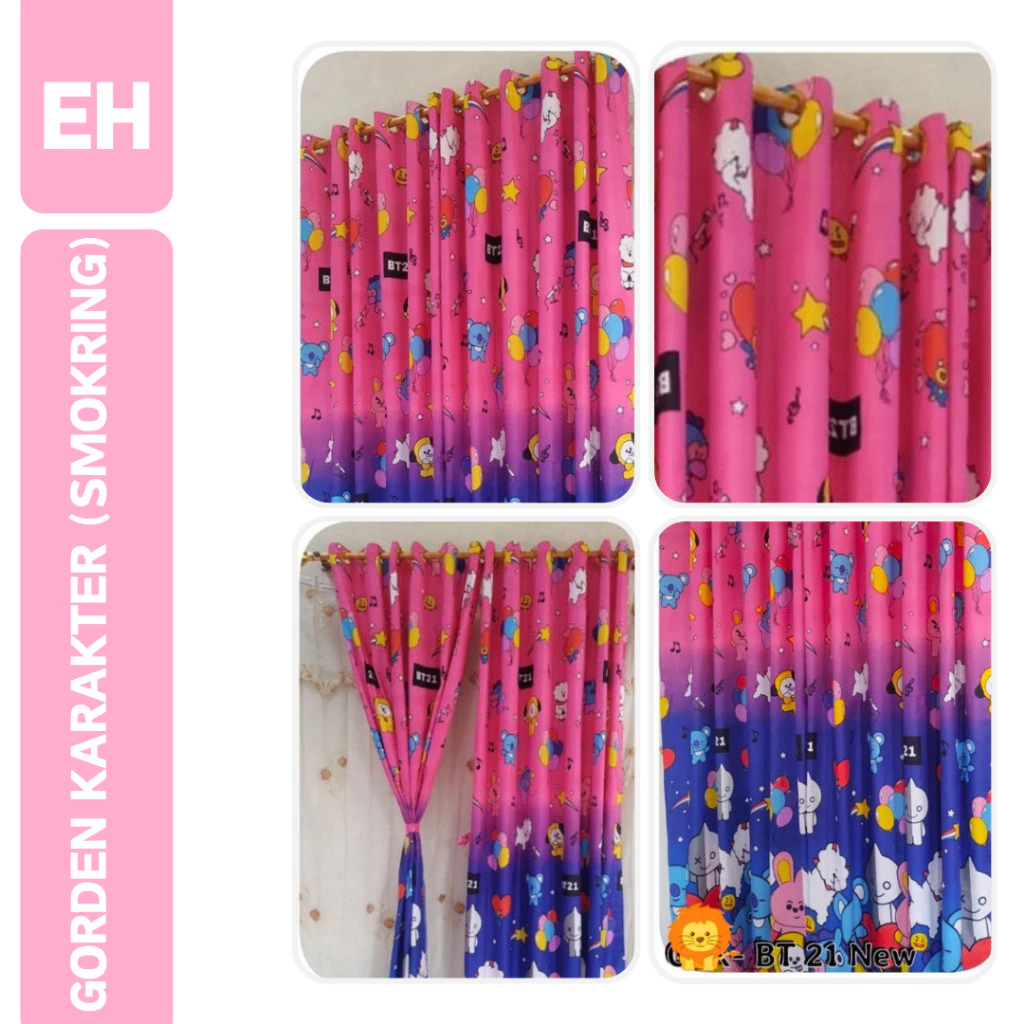 EMMEHOME- Gorden Smokring Pintu Kamar Motif Karakter Anak / Bunga Murah Berkualitas 130x220