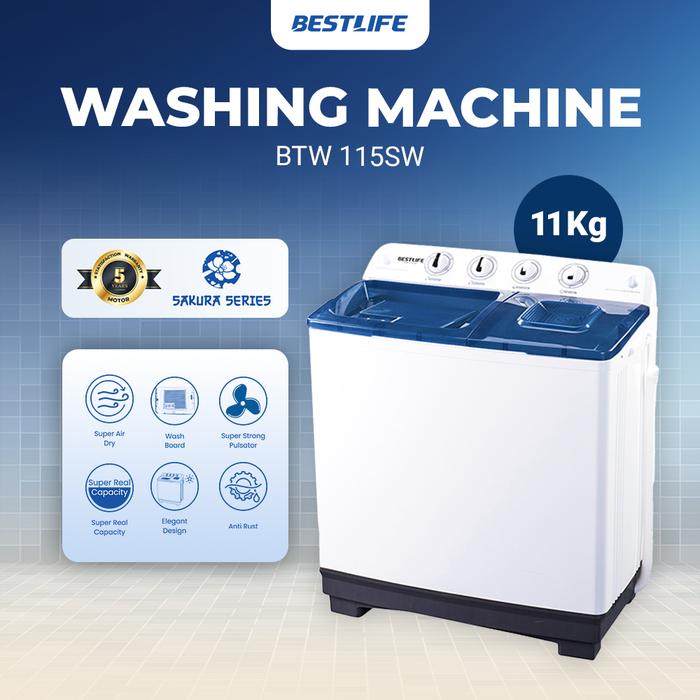 BESTLIFE Official Store - Mesin Cuci 2 Tabung Kapasitas 11 KG - Washing Maching BTW 115SW with Super Strong Pulsator untuk Membersihkan Hingga Noda Terdalam