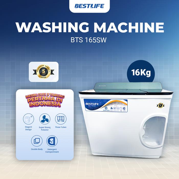 BESTLIFE Official Store - Mesin Cuci 3 Tabung Kapasitas 12,5 KG + 4KG - Washing Maching BTS 165SW with Super Strong Pulsator untuk Membersihkan Hingga Noda Terdalam