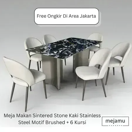 Meja Makan Sintered Stone Set Dengan 6 Kursi / Batu Sinter Permukaan Glossy Mengkilap Ukuran 160*90 Cm + 6 Kursi Makan Tebal.