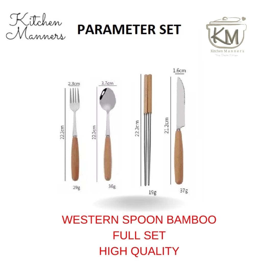 Sendok Garpu Sumpit Pisau Stainless Steel Set Korean Western Style Vintage Bamboo Wood Handle Set