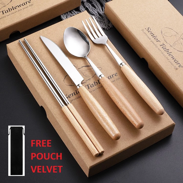 Sendok Garpu Sumpit Pisau Stainless Steel Set Korean Western Style Vintage Bamboo Wood Handle Set