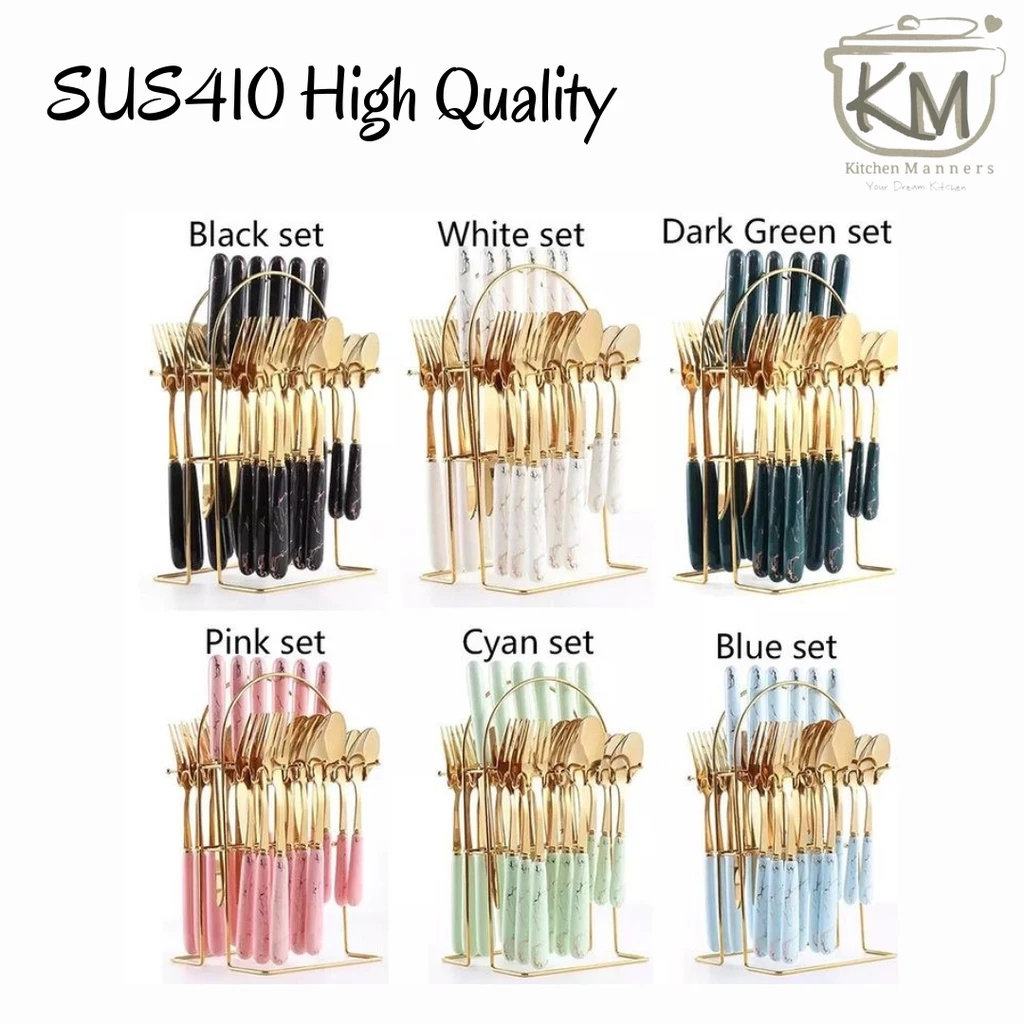 Sendok Garpu Pisau Korea Marble ( Isi 24 pcs ) MEWAH