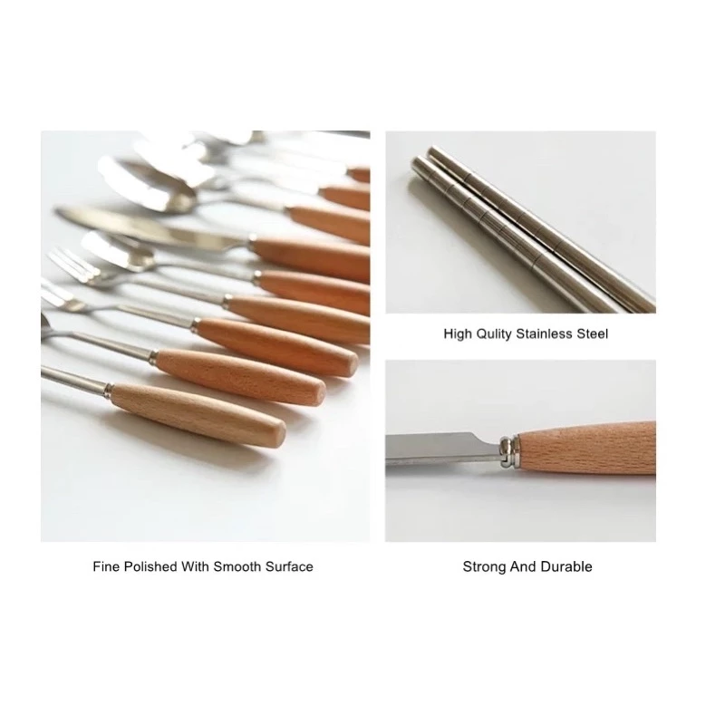 Sendok Garpu Sumpit Pisau Stainless Steel Set Korean Western Style Vintage Bamboo Wood Handle Set
