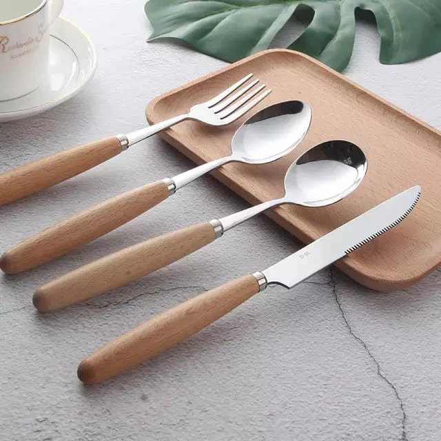 Sendok Garpu Sumpit Pisau Stainless Steel Set Korean Western Style Vintage Bamboo Wood Handle Set