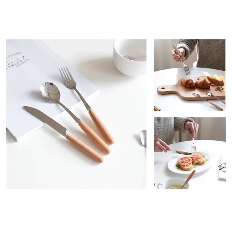 Sendok Garpu Sumpit Pisau Stainless Steel Set Korean Western Style Vintage Bamboo Wood Handle Set