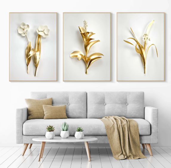 Hiasan Dinding Ruang Tamu Minimalis 80x57cm & 40x57cm Gold White Flower INCLUDE FRAME - Wall Decor FLORAL Bunga Emas Putih