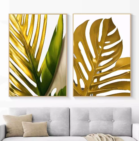 DVLIVING Hiasan Dinding Ruang Tamu Minimalis 80x57cm&40x57cm Gold Green White Flower INCLUDE FRAME - FGG A 2 (3)
