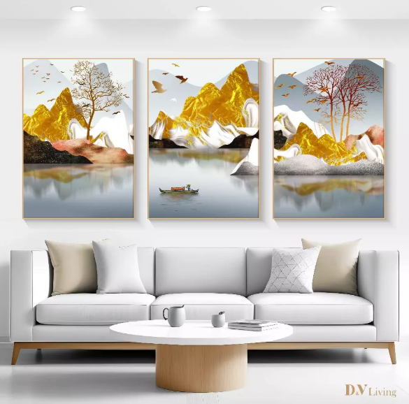 DVLIVING Hiasan Dinding Ruang Tamu Minimalis 80x57cm&40x57cm Mountain Gold White INCLUDE FRAME - MNTWBG B (2)