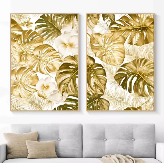 DVLIVING Hiasan Dinding Ruang Tamu Minimalis 80x57cm&40x57cm Gold Green White Flower INCLUDE FRAME - FGG A 2 (8)