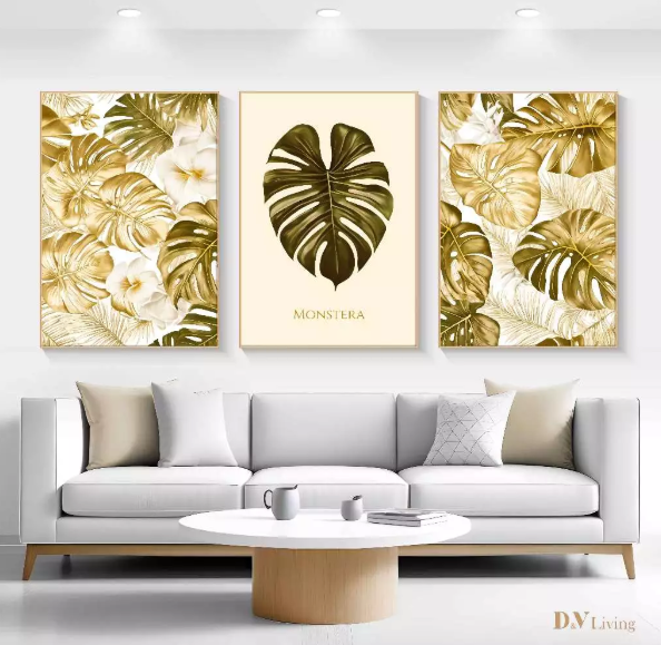 DVLIVING Hiasan Dinding Ruang Tamu Minimalis 80x57cm&40x57cm 3 PCS Gold Green Flower INCLUDE FRAME - FGG 4 3 (1)