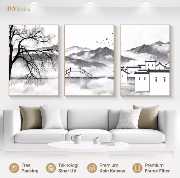 DVLIVING Hiasan Dinding Ruang Tamu Minimalis 80x57cm&40x57cm Mountain Abu Putih INCLUDE FRAME