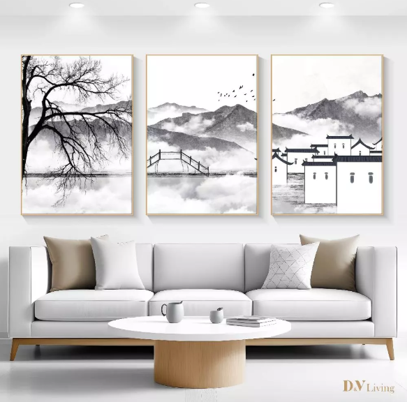 DVLIVING Hiasan Dinding Ruang Tamu Minimalis 80x57cm&40x57cm Mountain Abu Putih INCLUDE FRAME