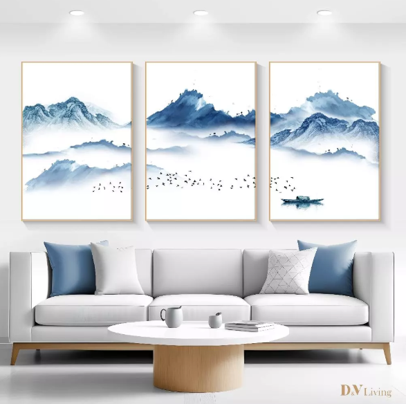 DVLIVING Hiasan Dinding Ruang Tamu Minimalis 80x57cm&40x57cm Mountain Blue White INCLUDE FRAME - MNTB A (1)