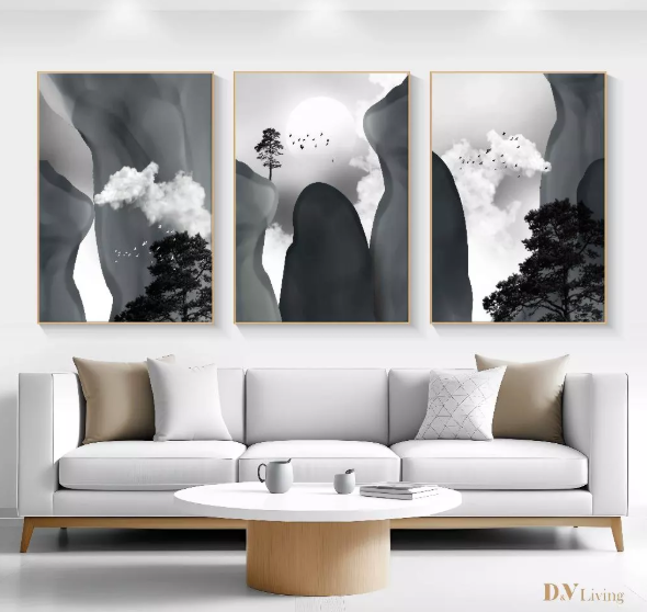 DVLIVING Hiasan Dinding Ruang Tamu Minimalis 80x57cm&40x57cm Mountain Abu Putih INCLUDE FRAME