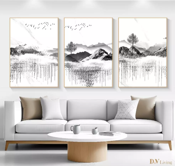 DVLIVING Hiasan Dinding Ruang Tamu Minimalis 80x57cm&40x57cm Mountain Abu Putih INCLUDE FRAME