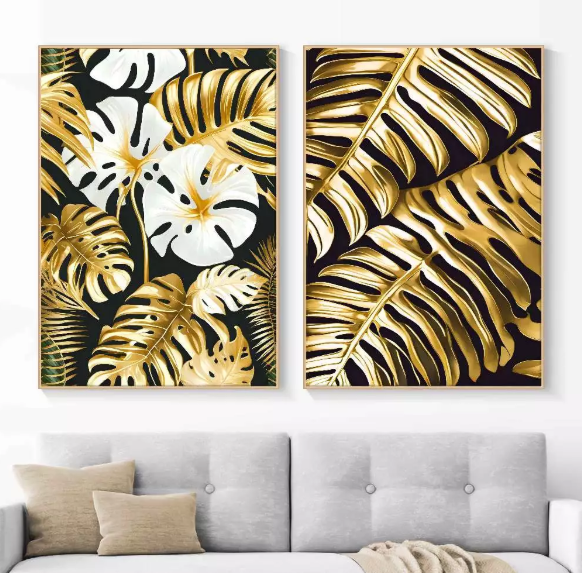 DVLIVING Hiasan Dinding Ruang Tamu Minimalis 80x57cm&40x57cm Gold Green White Flower INCLUDE FRAME - FGG A 2 (1)