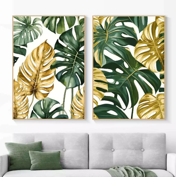 DVLIVING Hiasan Dinding Ruang Tamu Minimalis 80x57cm&40x57cm Gold Green White Flower INCLUDE FRAME - FGG A 2 (5)