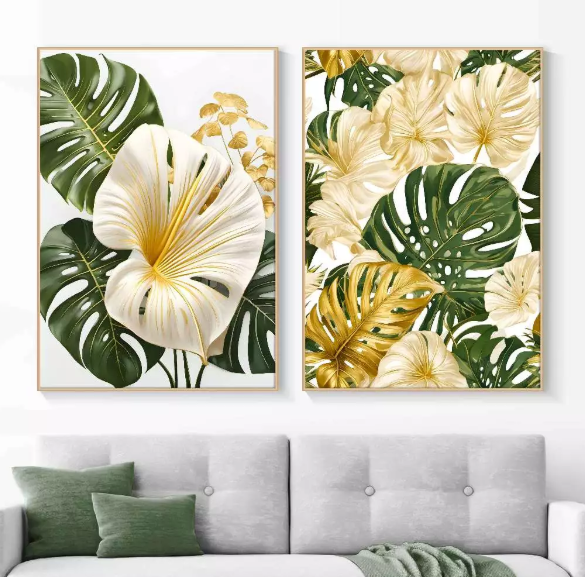 DVLIVING Hiasan Dinding Ruang Tamu Minimalis 80x57cm&40x57cm Gold Green White Flower INCLUDE FRAME - FGG A 2 (6)