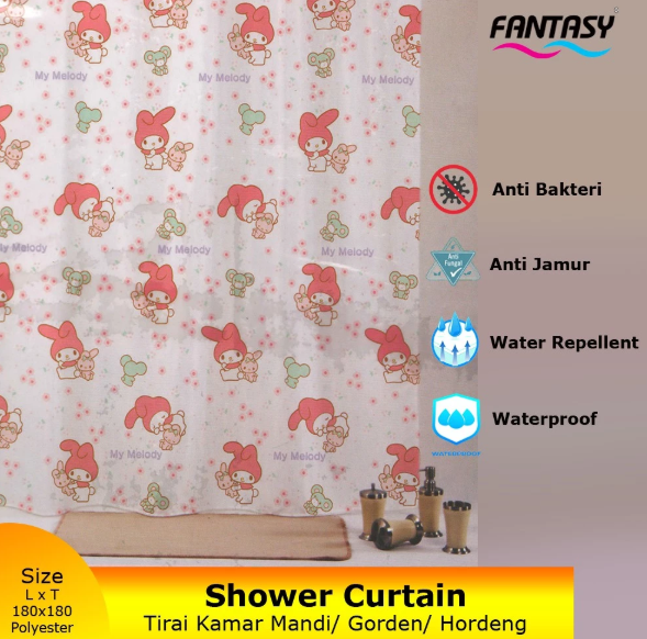 Fantasy Sanrio Tirai Kamar Mandi My Melody Bear 180x180cm Shower Curtain Pembatas Kamar Mandi
